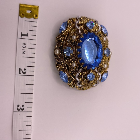 Western Germany Signed Blue Rhinestone Pearl Enamel Brooch Vintage - Picture 5 of 6
